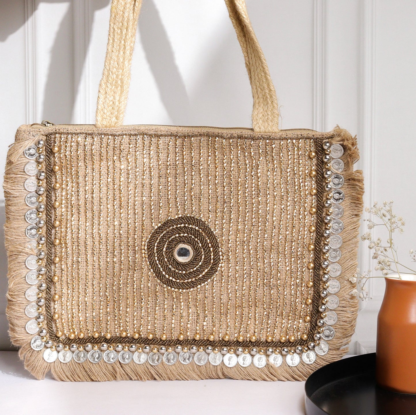 Bonita Tote - Handcrafted Jute Bag with Coin Detailing