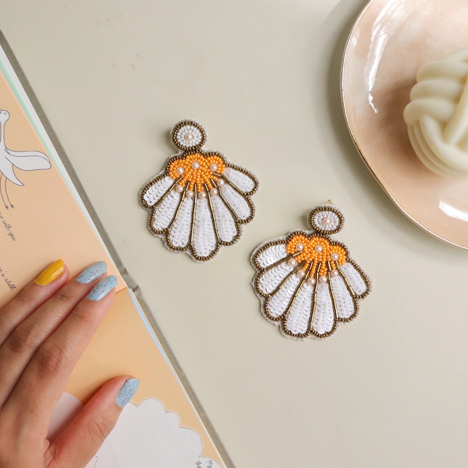 Orange White Flower Earring