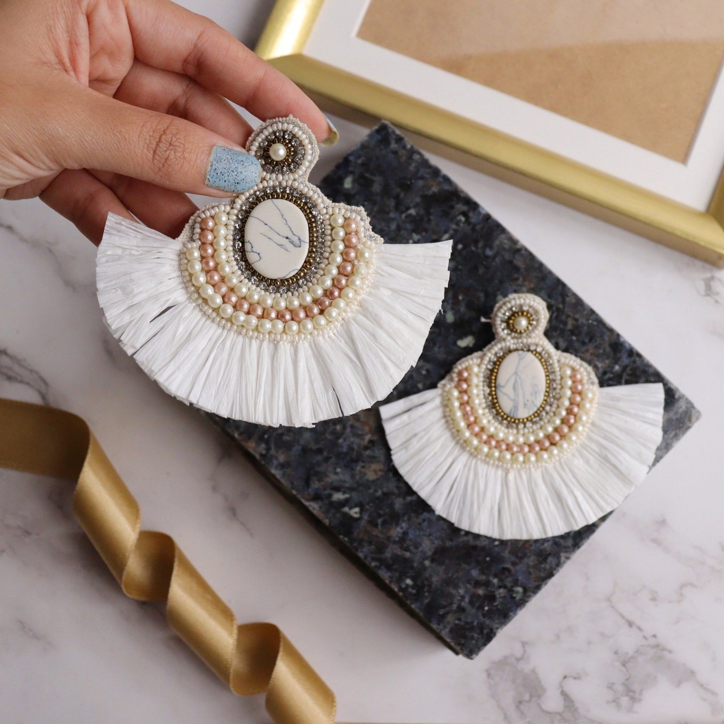 White Stoned Raffia Earring