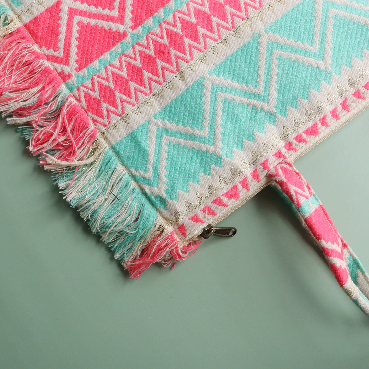 Pink & Turq Jacquard Ruffeled Tote