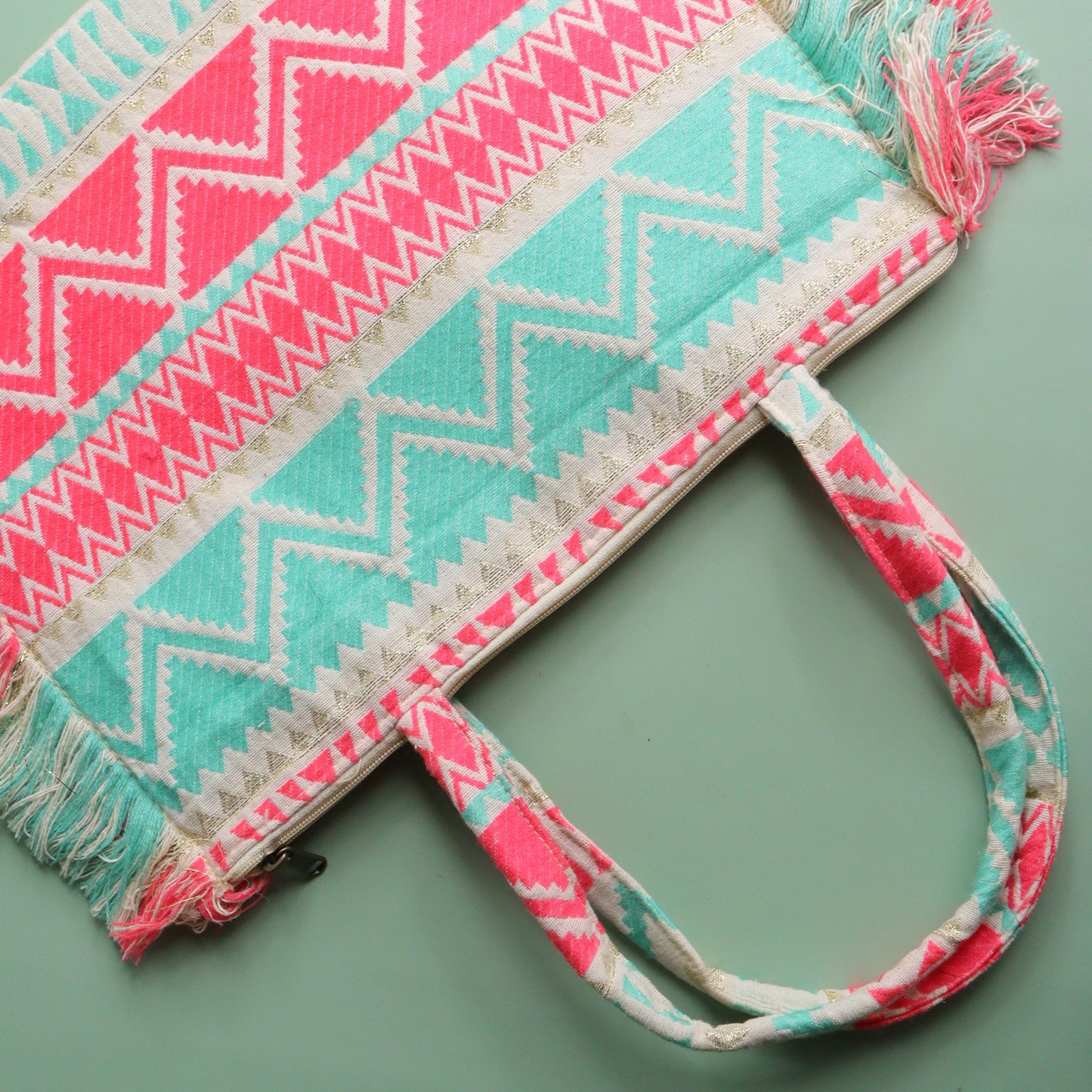 Pink & Turq Jacquard Ruffeled Tote