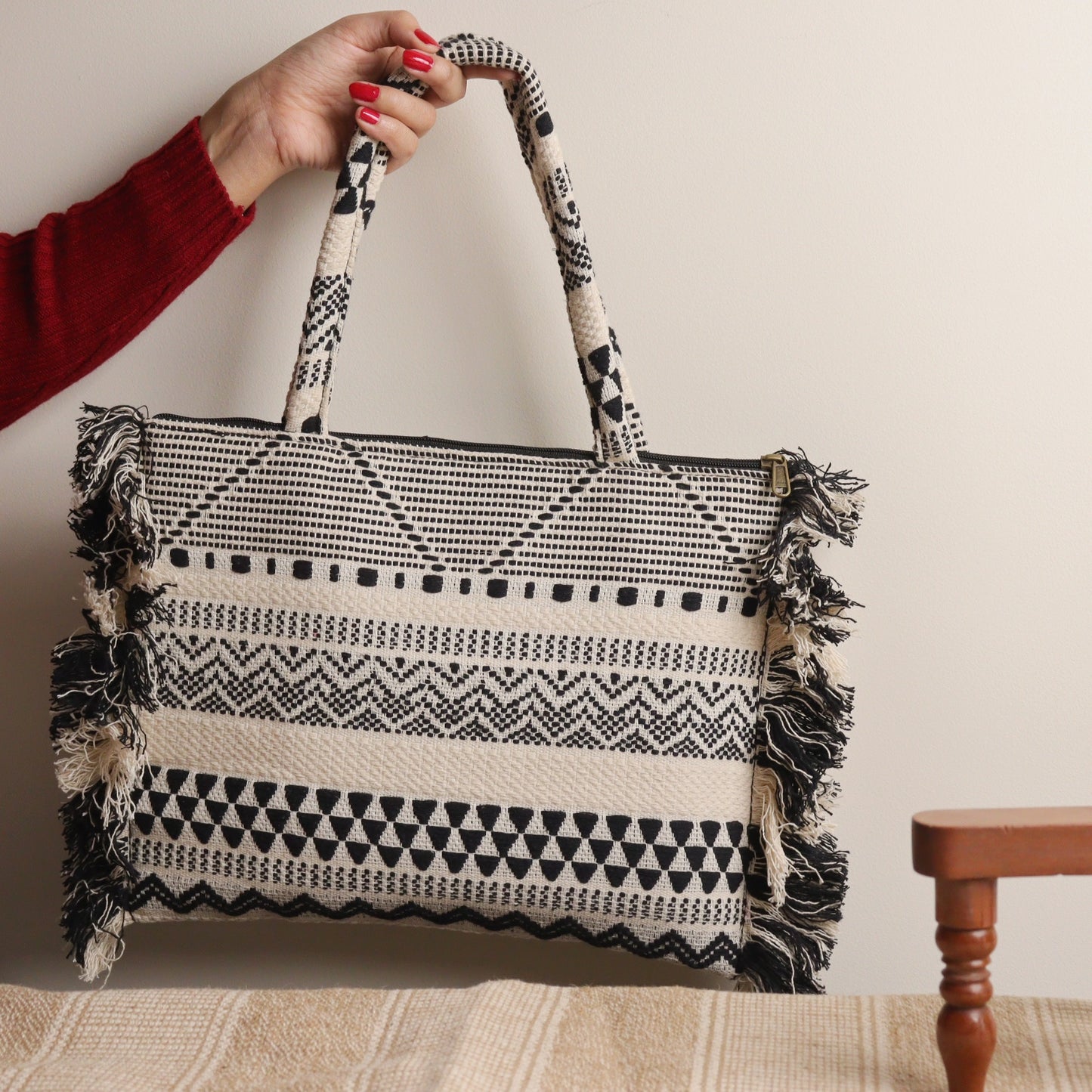 Black Jacquard Ruffeled Tote
