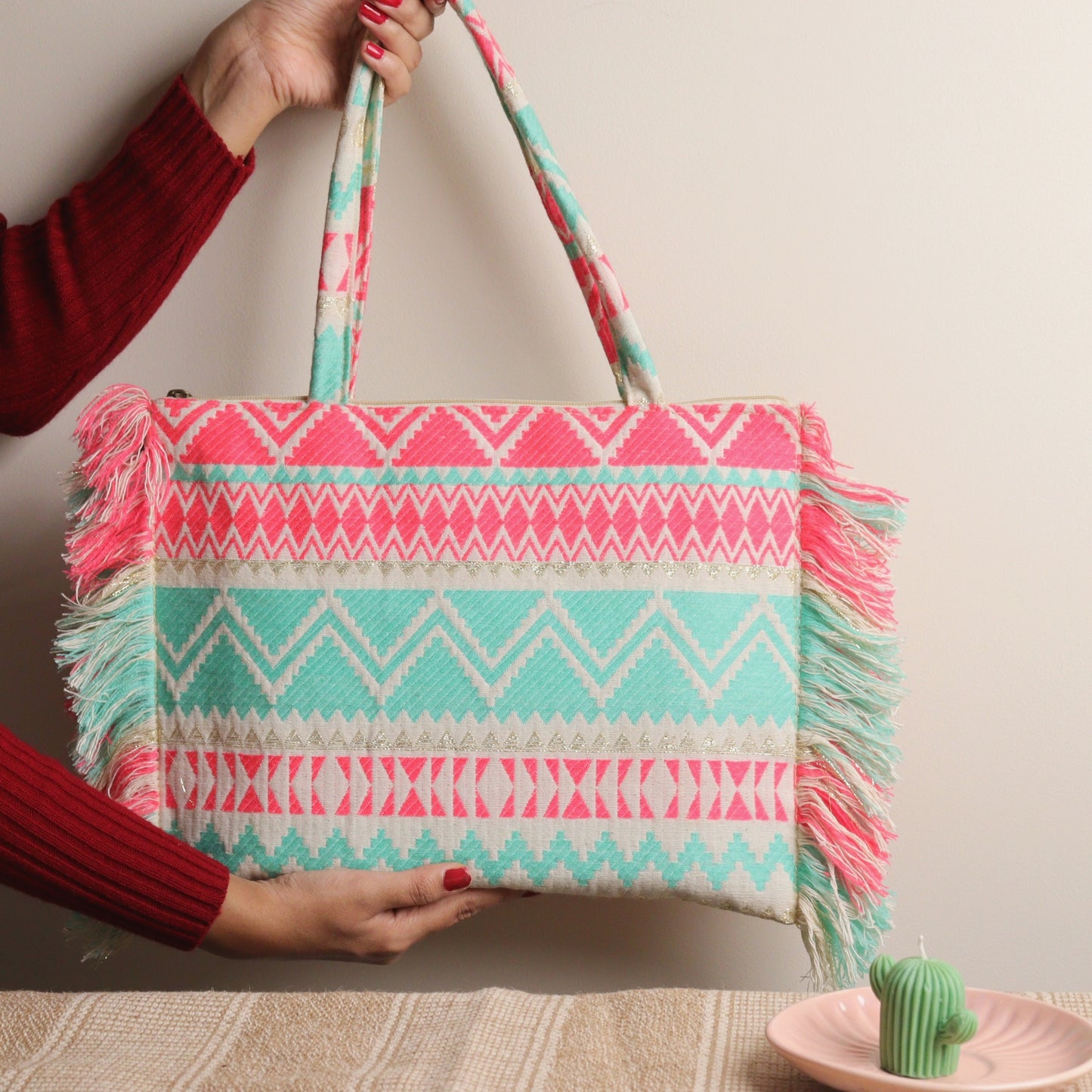 Pink & Turq Jacquard Ruffeled Tote