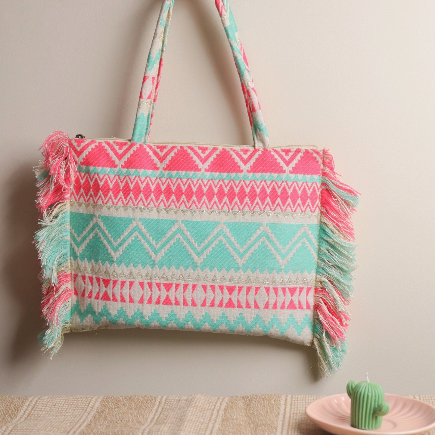 Pink & Turq Jacquard Ruffeled Tote