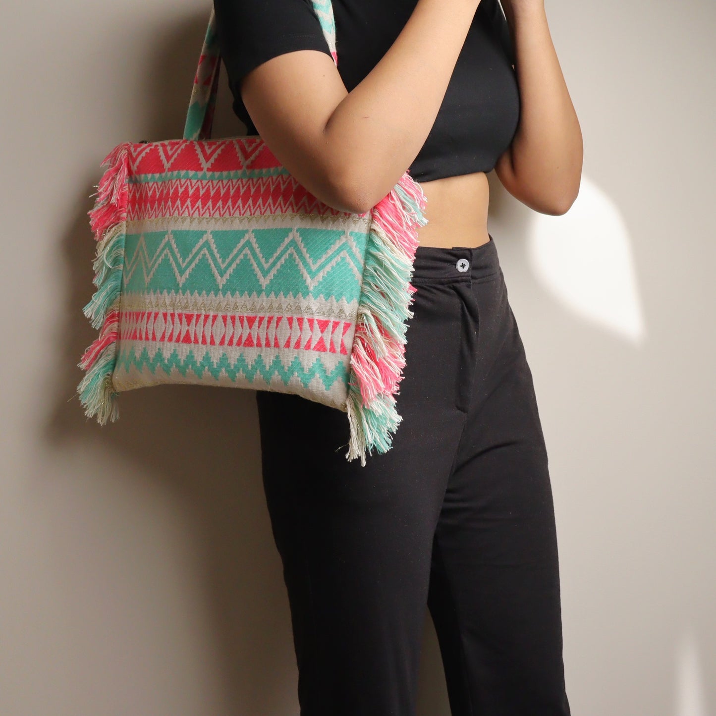 Pink & Turq Jacquard Ruffeled Tote