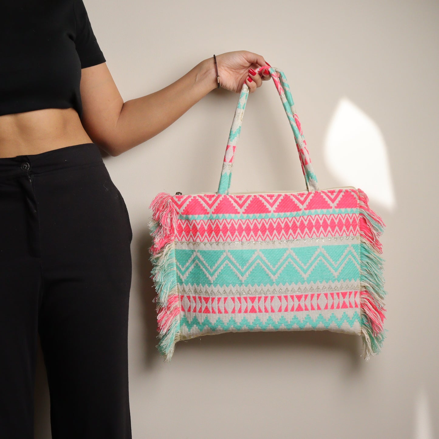 Pink & Turq Jacquard Ruffeled Tote