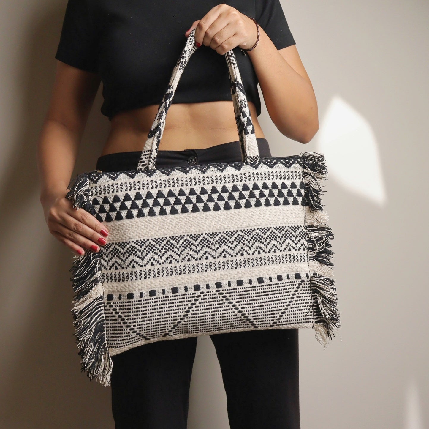 Black Jacquard Ruffeled Tote