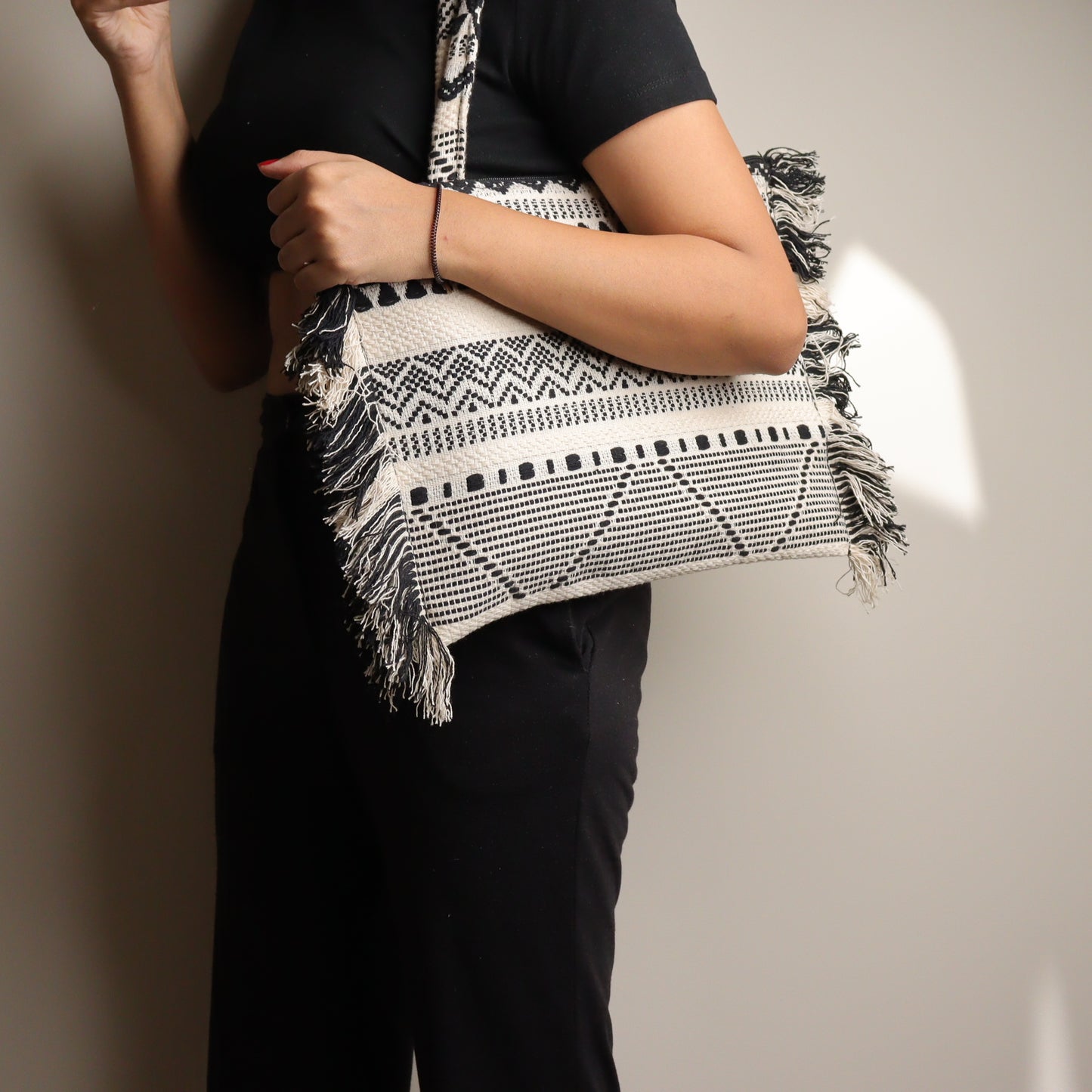 Black Jacquard Ruffeled Tote