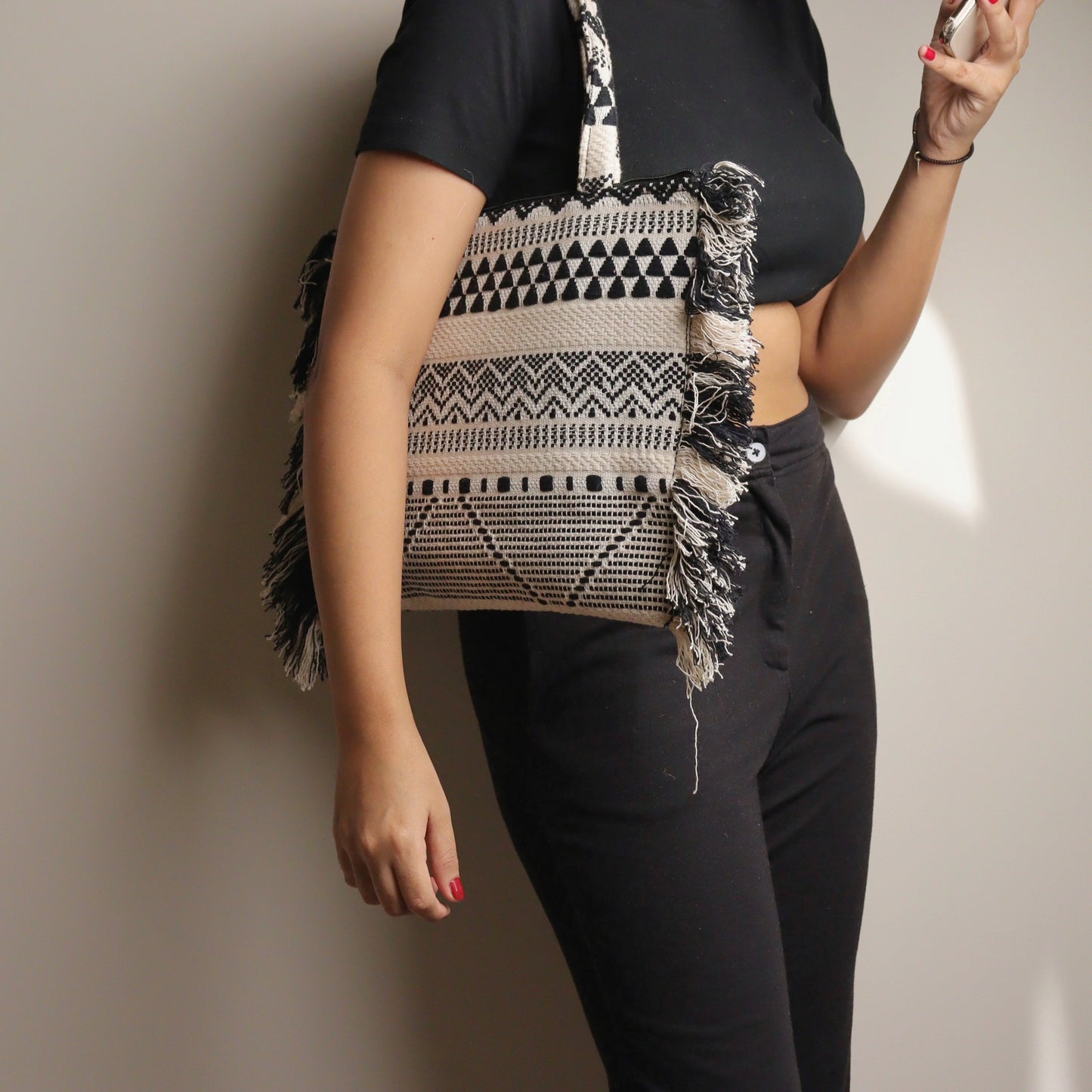 Black Jacquard Ruffeled Tote