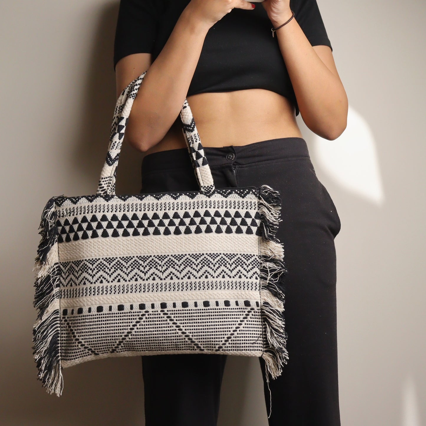 Black Jacquard Ruffeled Tote