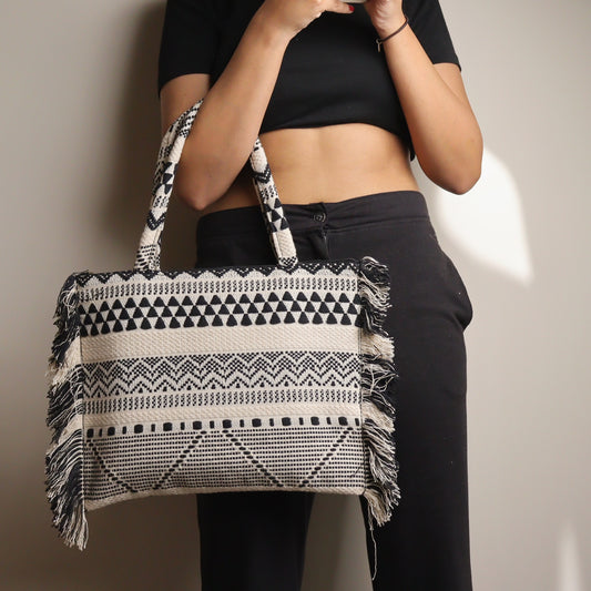 Black Jacquard Ruffeled Tote