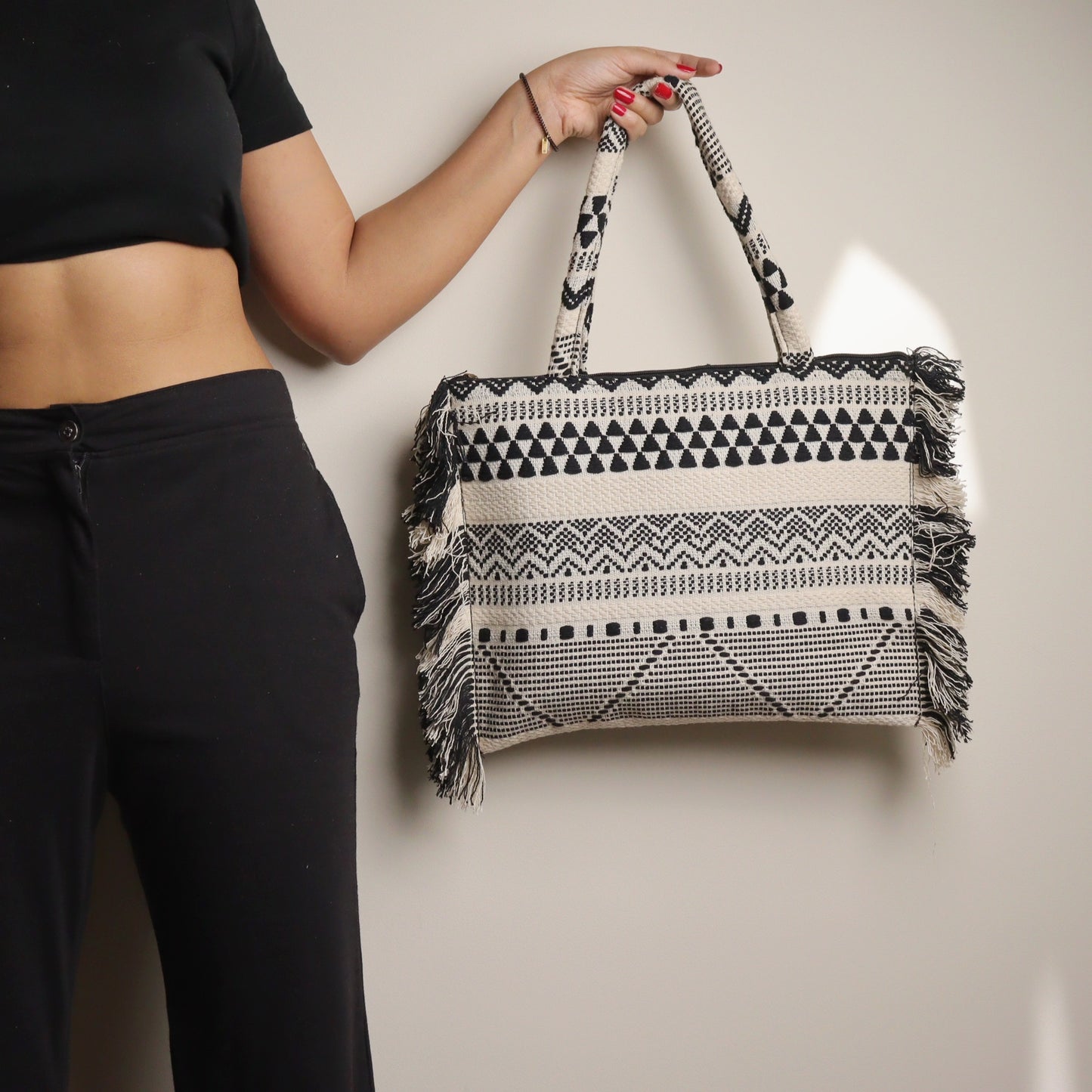 Black Jacquard Ruffeled Tote