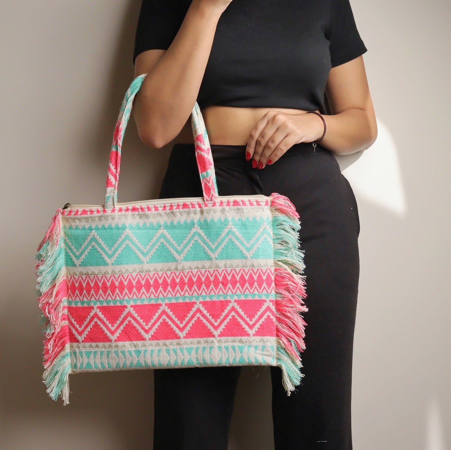 Pink & Turq Jacquard Ruffeled Tote