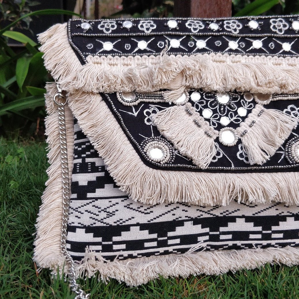 Moonshine Bohemian Black & White Jacquard Clutch