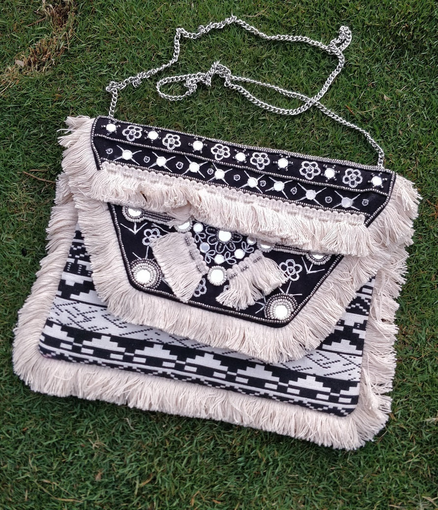 Moonshine Bohemian Black & White Jacquard Clutch