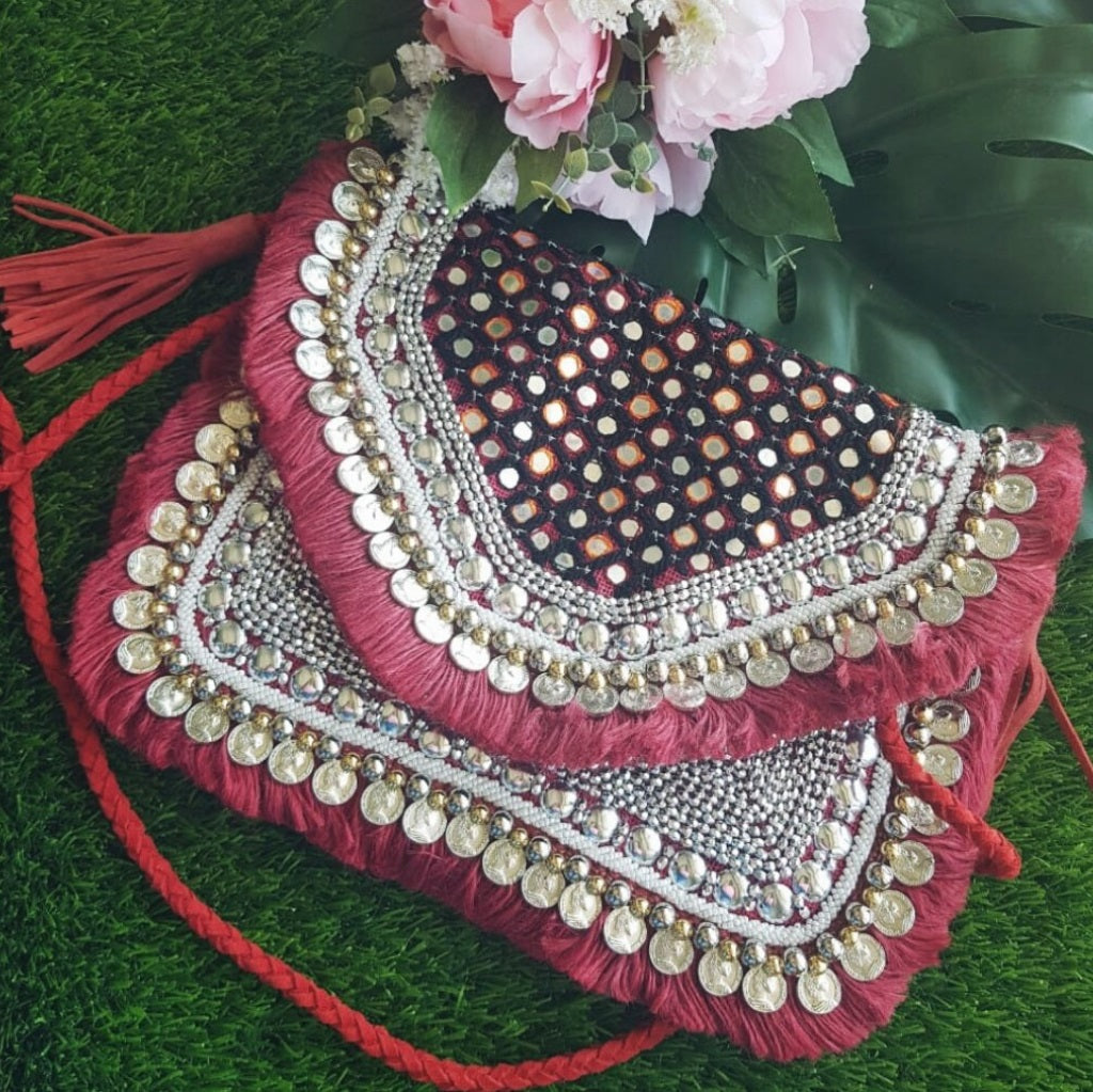 Anavrin Mirror Work Maroon Jute Coin Clutch