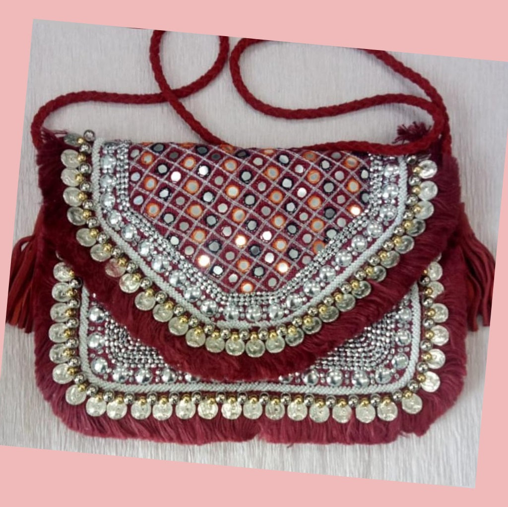 Anavrin Mirror Work Maroon Jute Coin Clutch2