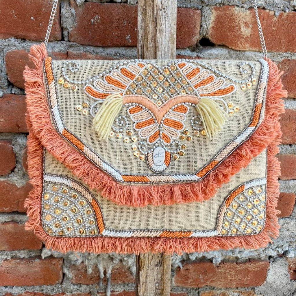 Valencia Peach Butterfly Jute Bohemian Clutch