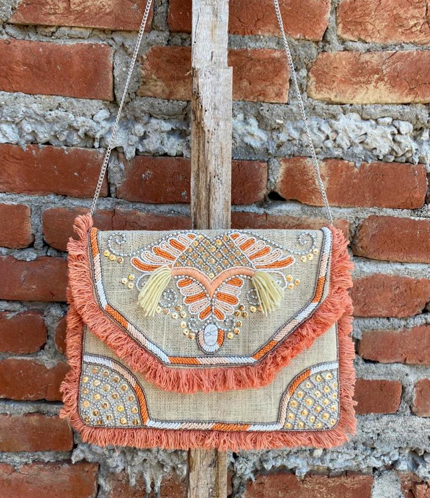 Valencia Peach Butterfly Jute Bohemian Clutch