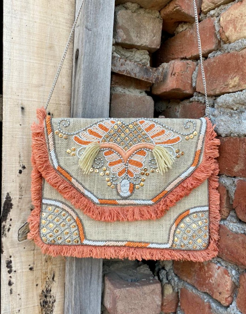 Valencia Peach Butterfly Jute Bohemian Clutch