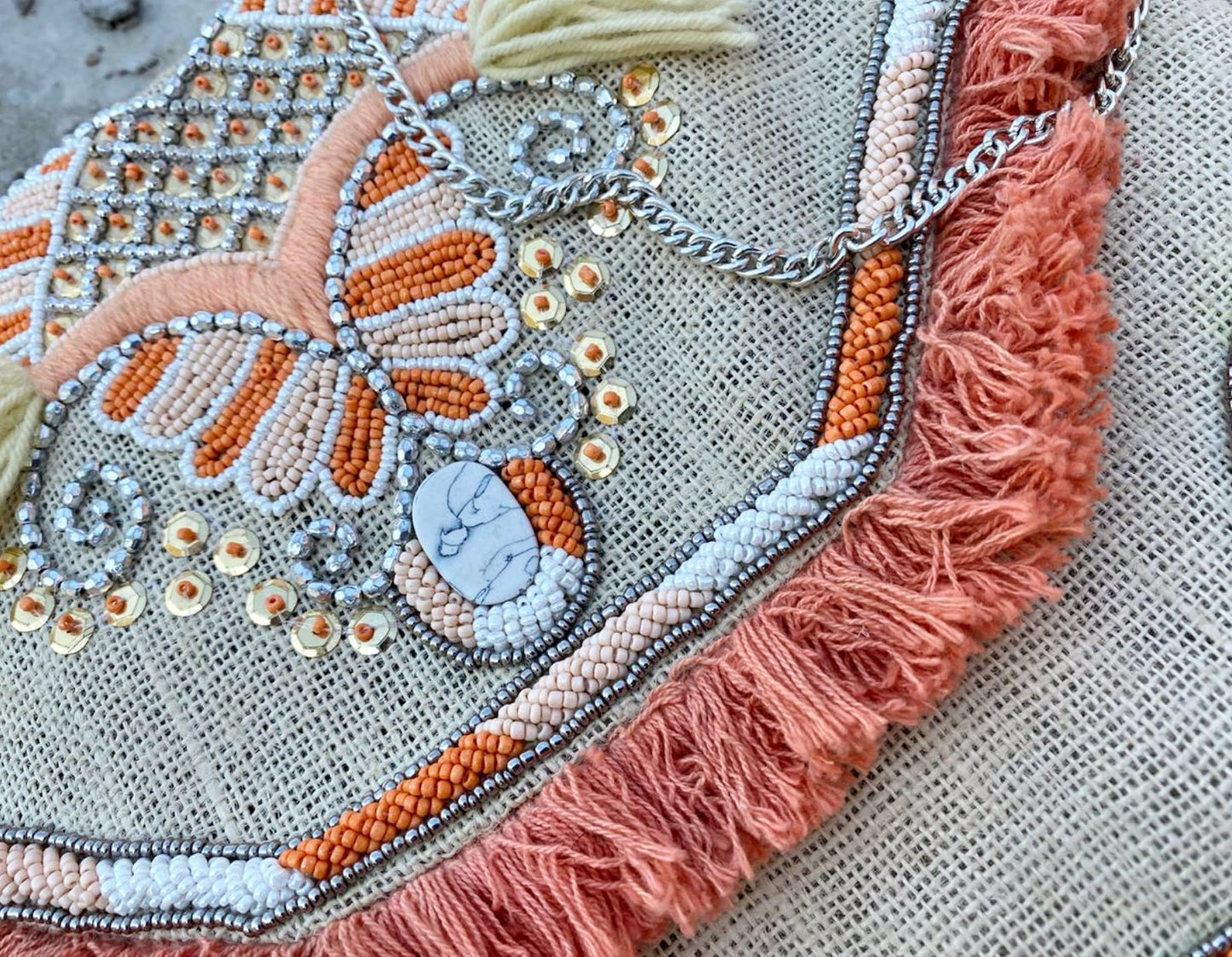Valencia Peach Butterfly Jute Bohemian Clutch