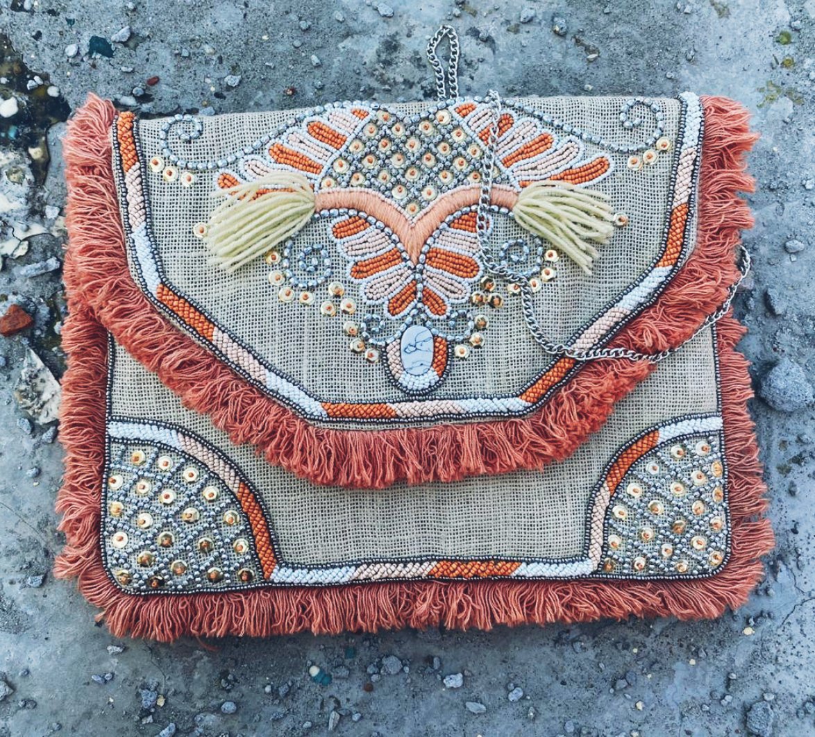 Valencia Peach Butterfly Jute Bohemian Clutch