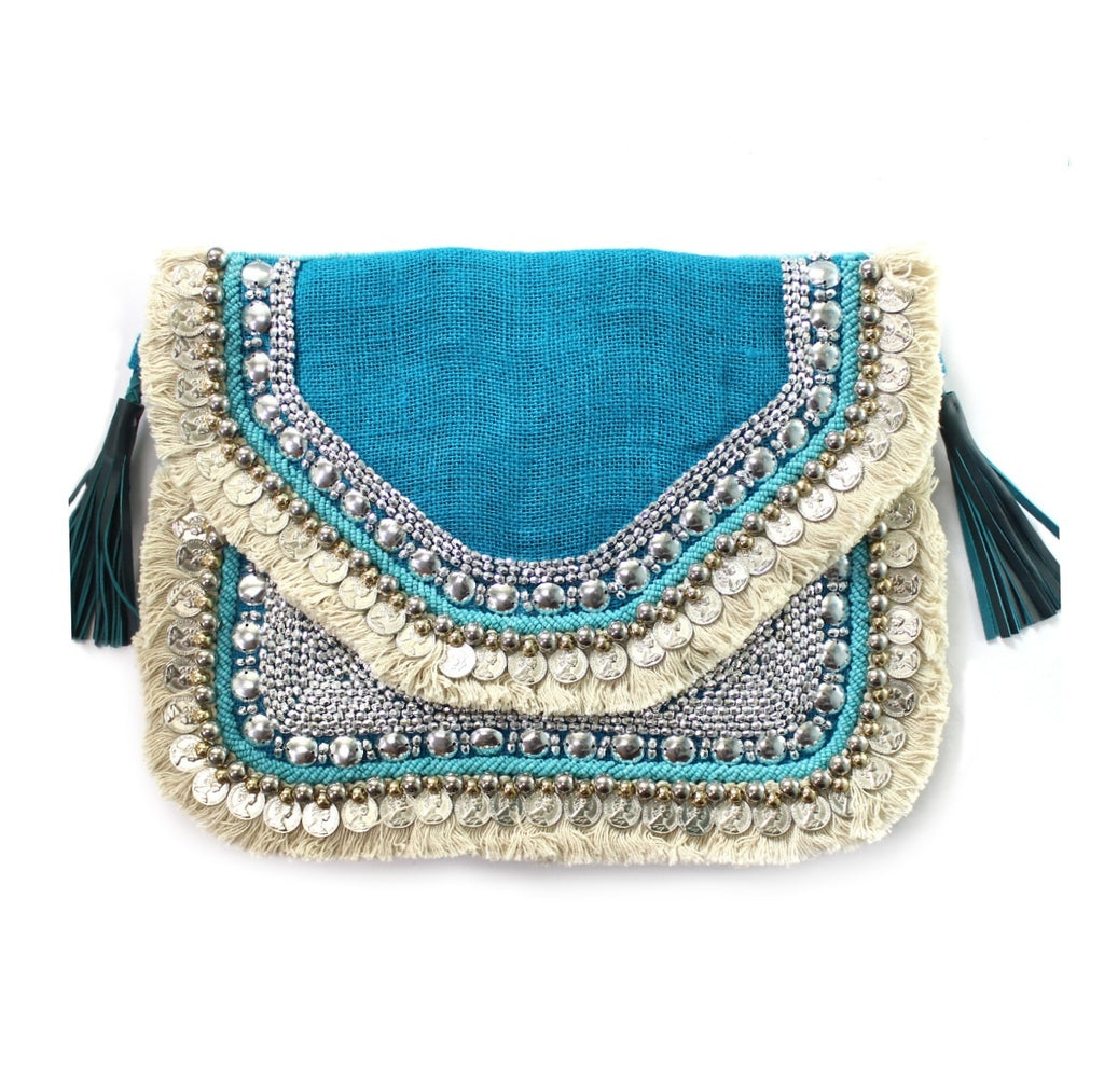 Sky Blue Jute Coin Clutch Boho Bag