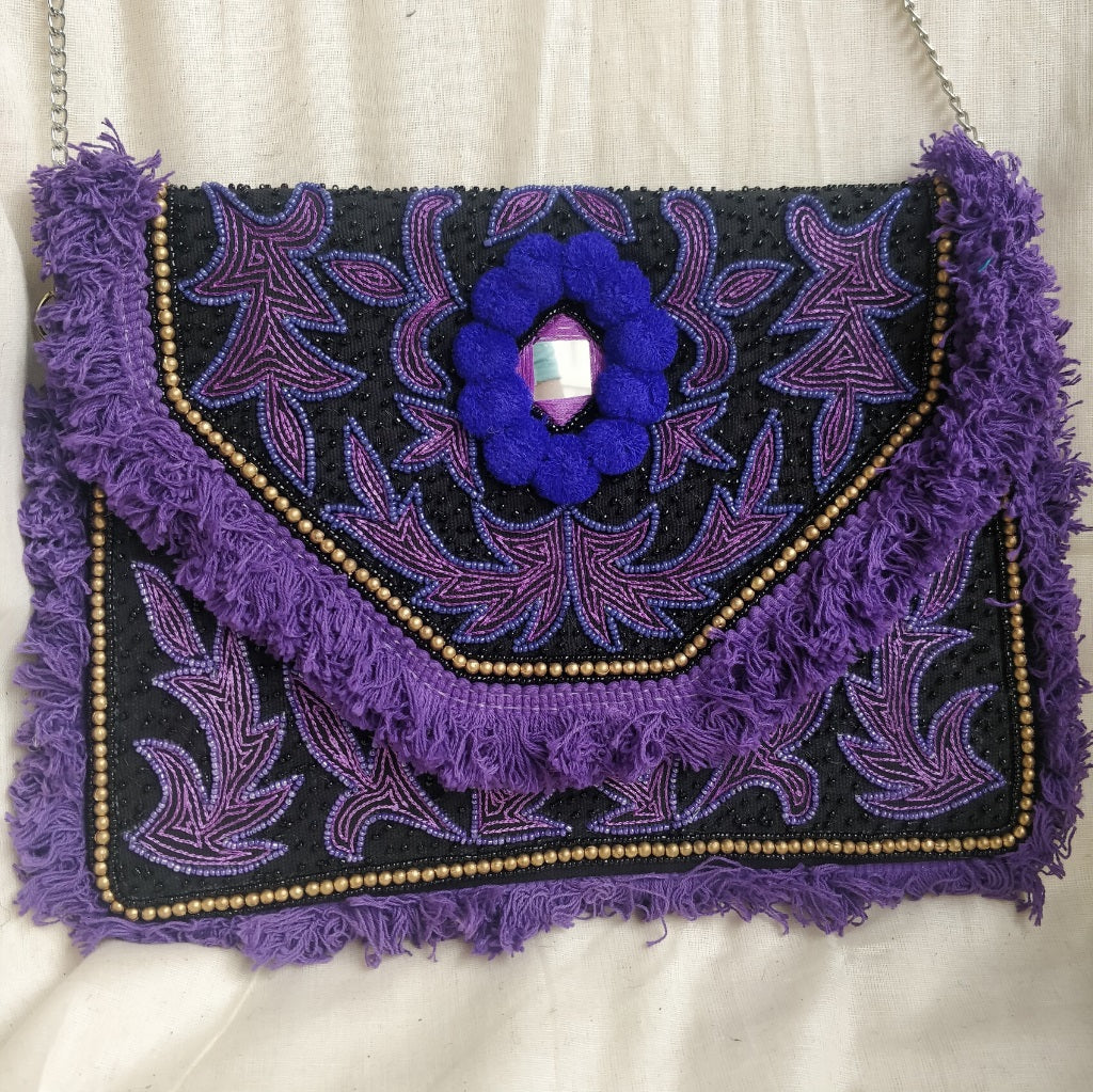 Purple Pom Black Clutch Boho Bag