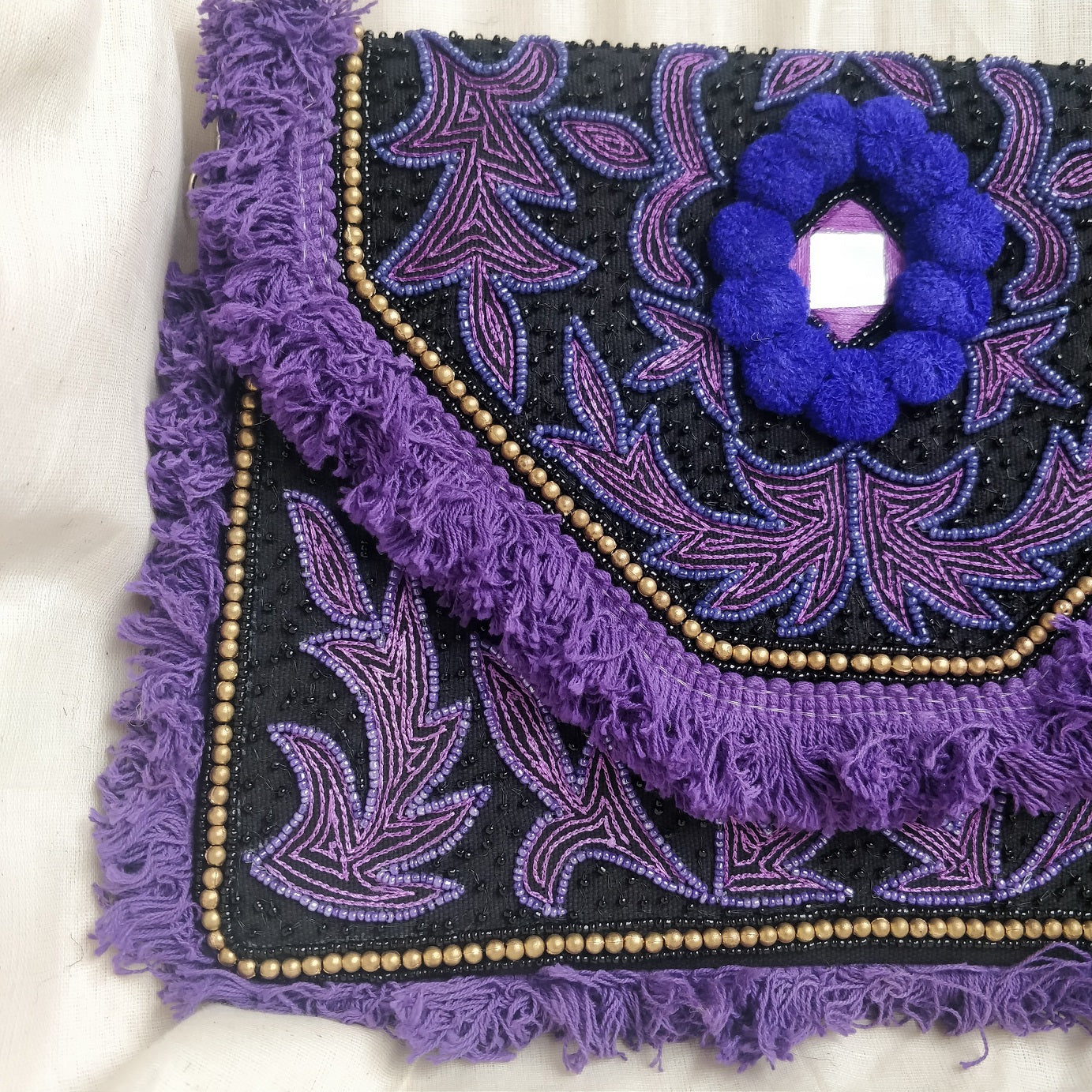 Purple Pom Black Clutch Boho Bag