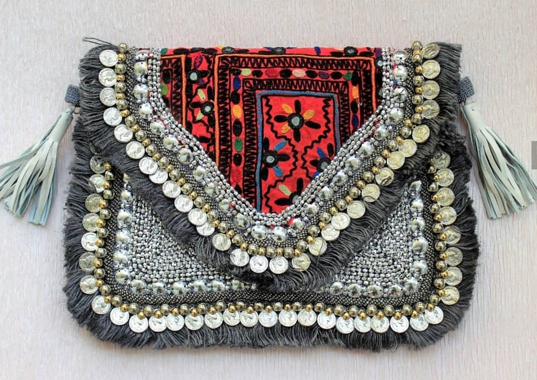 Jaisalmer Grey Banjara Coin Clutch Boho Bag