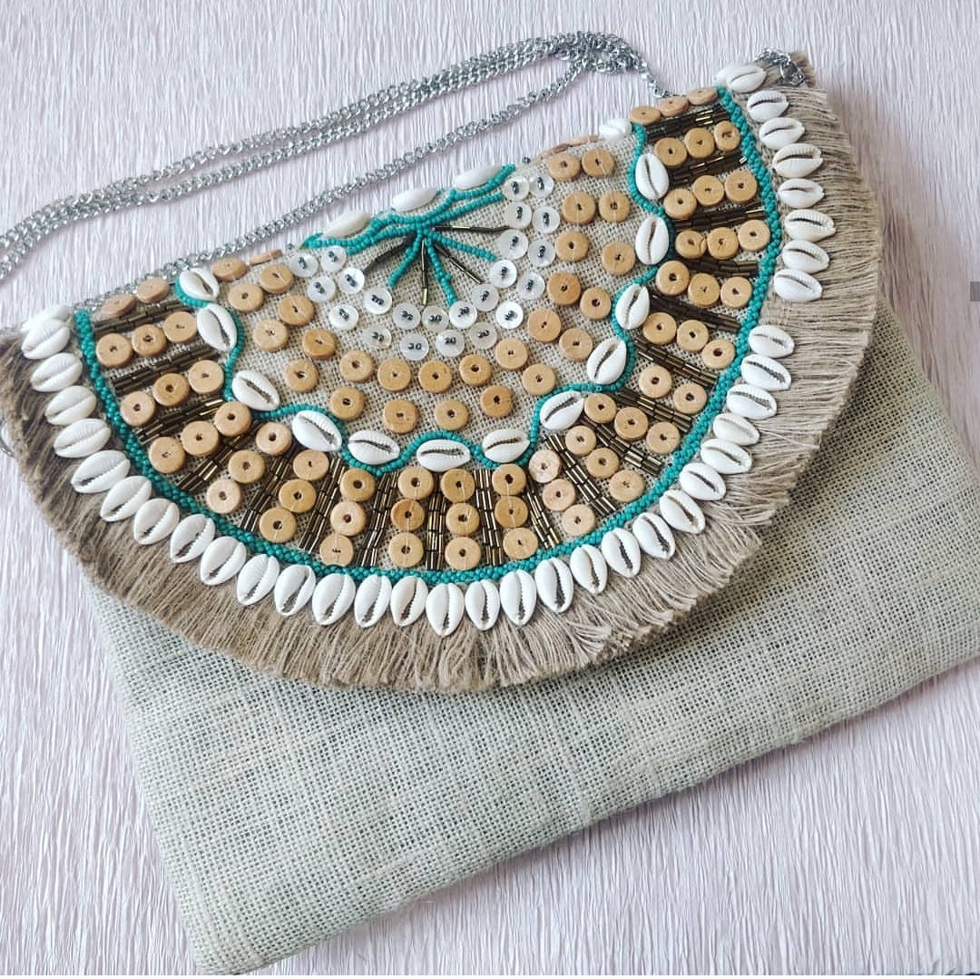 Santorini Shell Jute Clutch Boho Bag - Turquoise