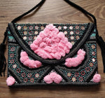 Surat Black Pink Pom Poms Beaded Boho Bag