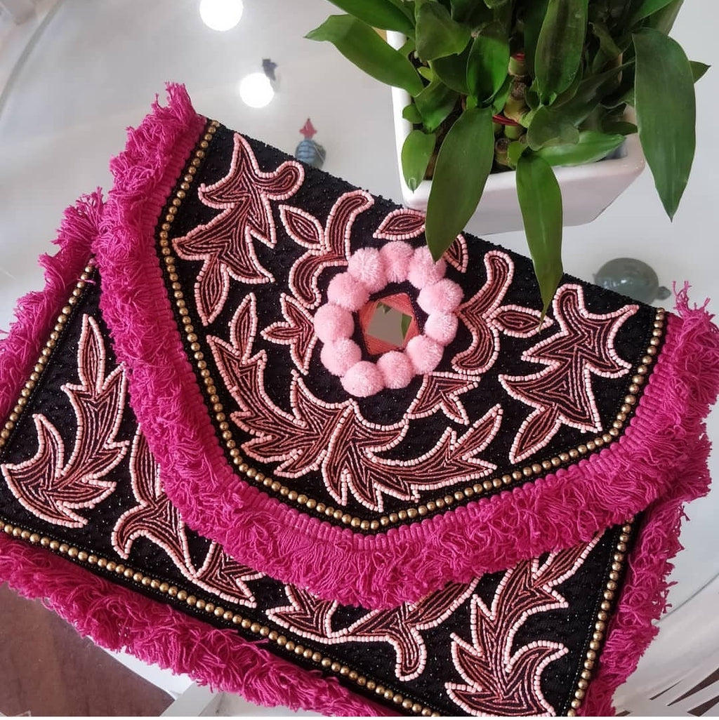 Cancun Pom Pink Canvas Clutch Boho Bag