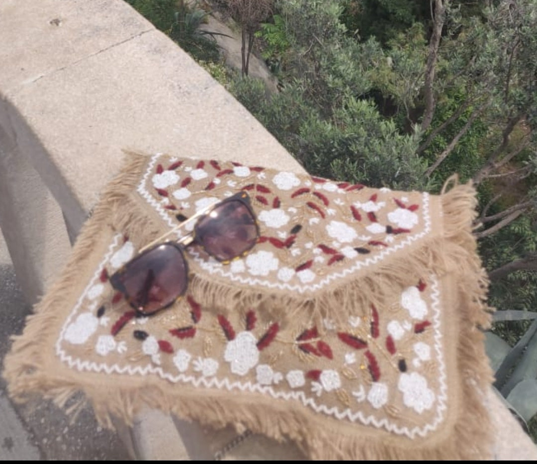Nicosia Natural Brown Beads Jute Clutch Bohemian Bag