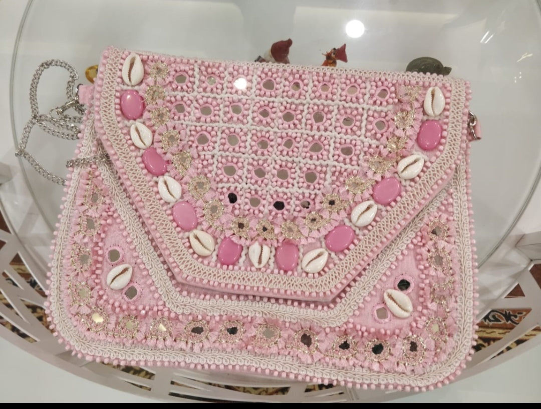 Pano Pink Shell Canvas Clutch Boho Bag
