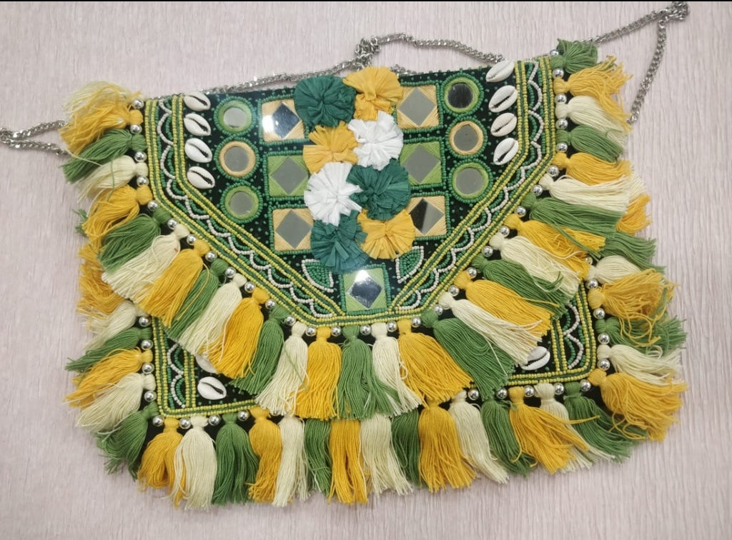 Rome Green Yellow Tassle Clutch Boho Bag