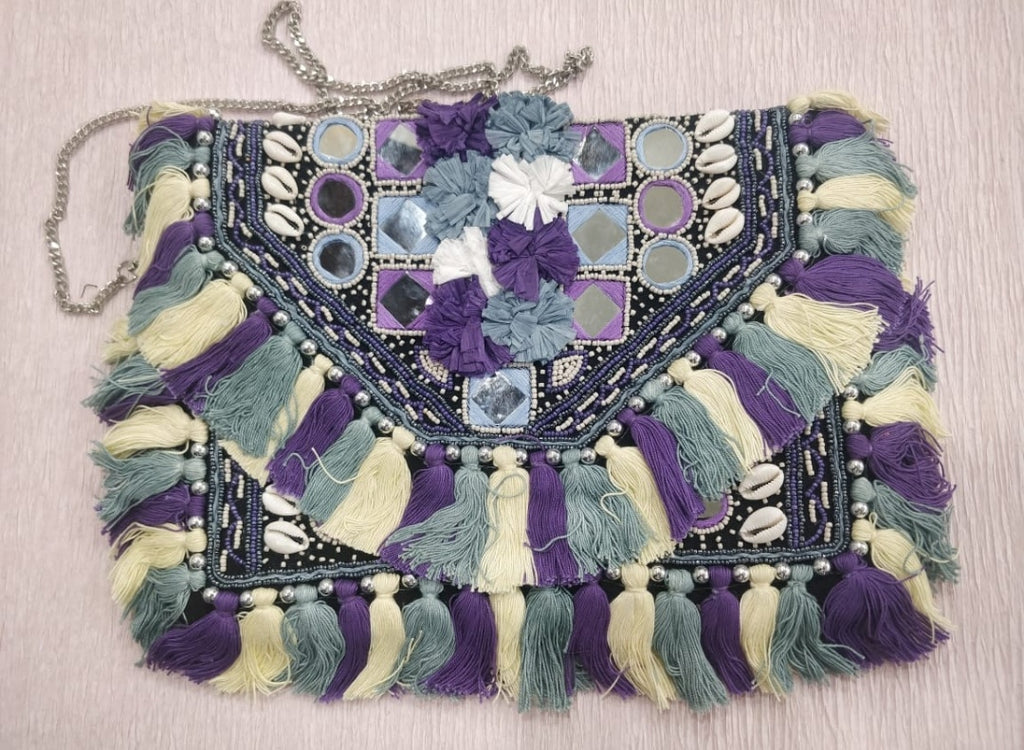 Venice Purple White Tassle Clutch Boho Bag