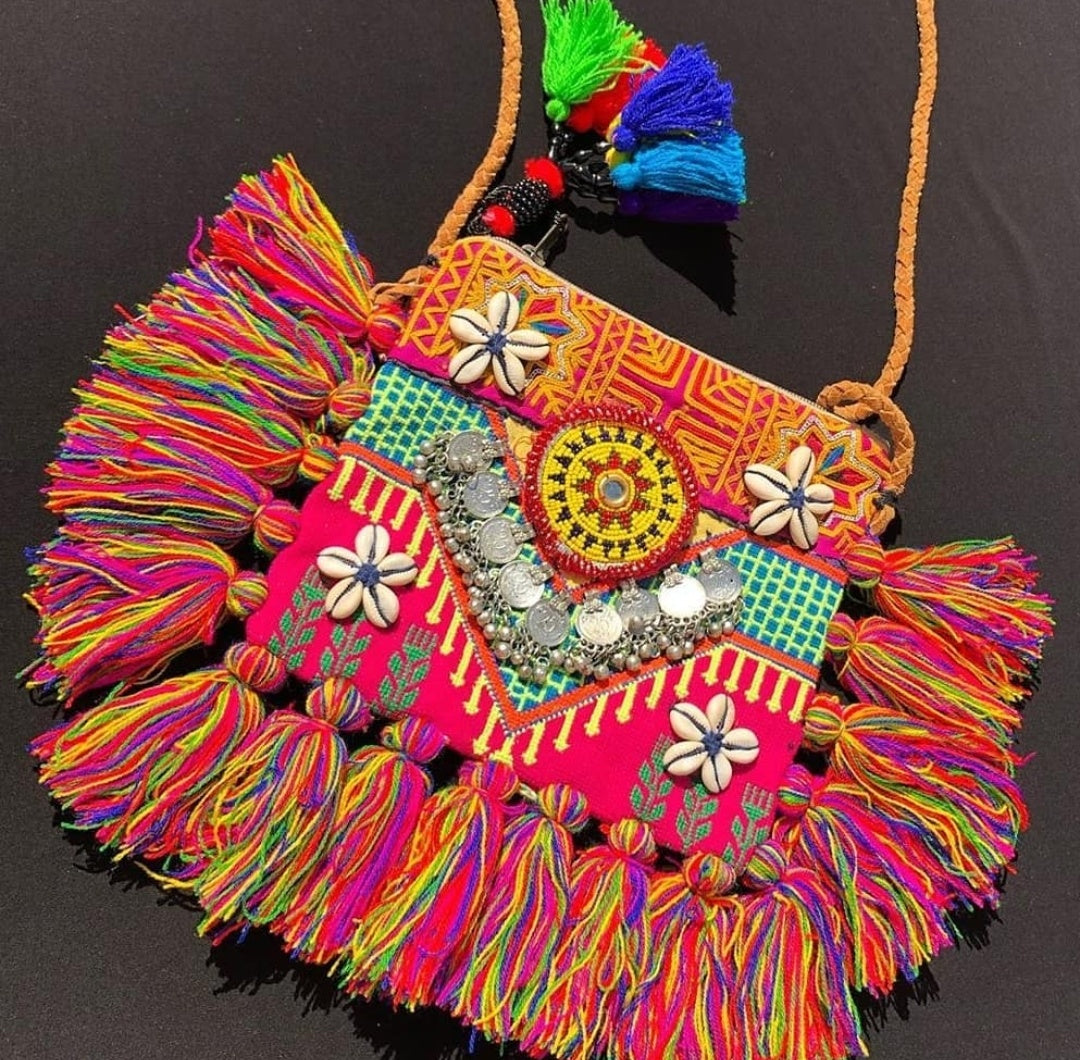 Igatpuri Tribal Vintage Afghani Fabric Pom Pom Boho Bag