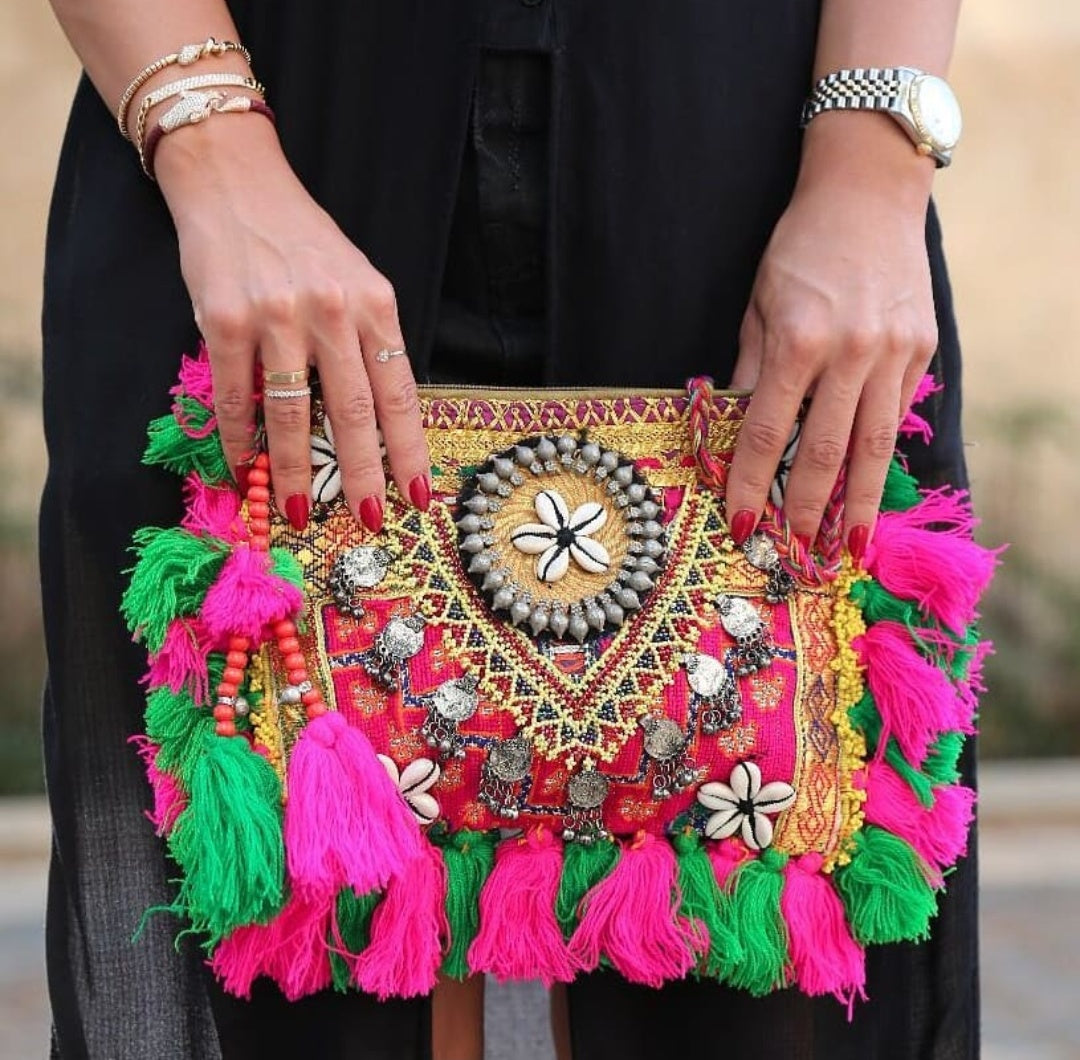 Igatpuri Tribal Vintage Afghani Fabric Pom Pom Boho Bag