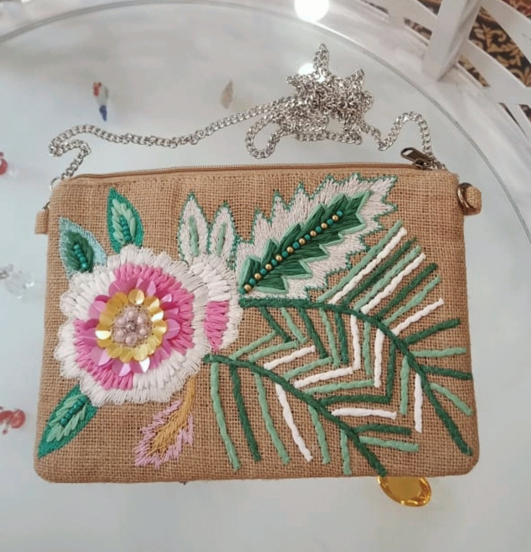 Flower Power - Pink Green Jute Clutch Boho Bag