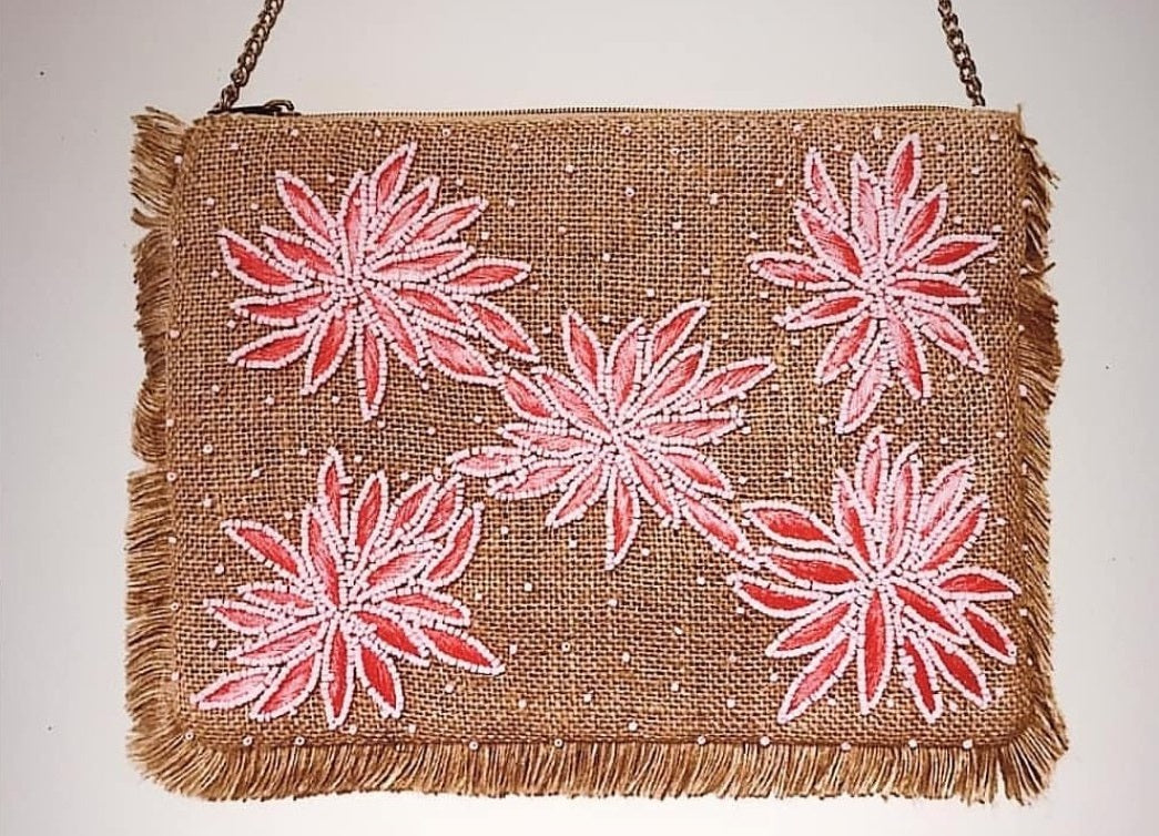 Sharai Jute Pink Clutch Boho Bag