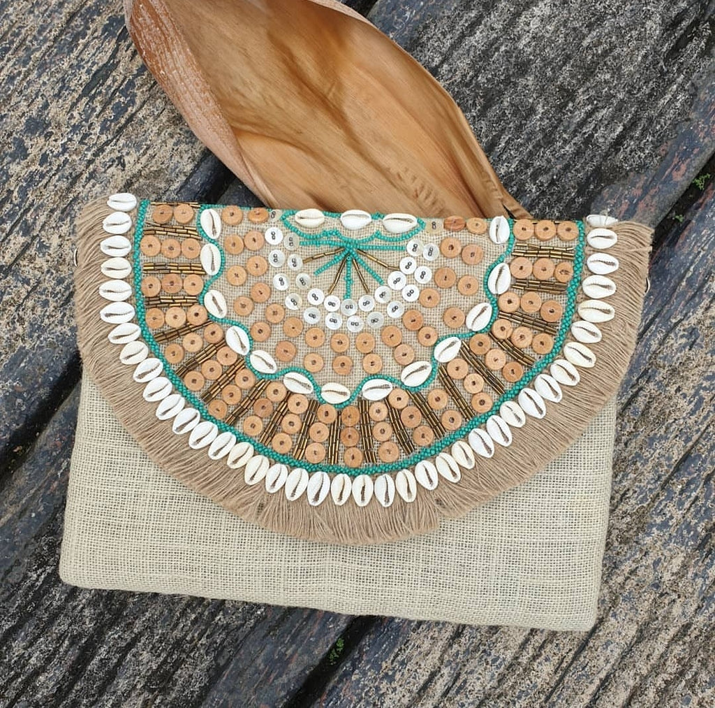 Santorini Shell Jute Clutch Boho Bag - Turquoise