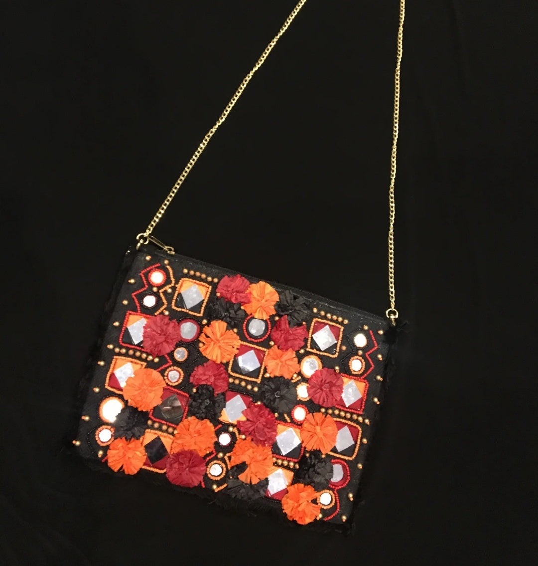 Ranchi Black Marigold Jute Clutch Boho Bag