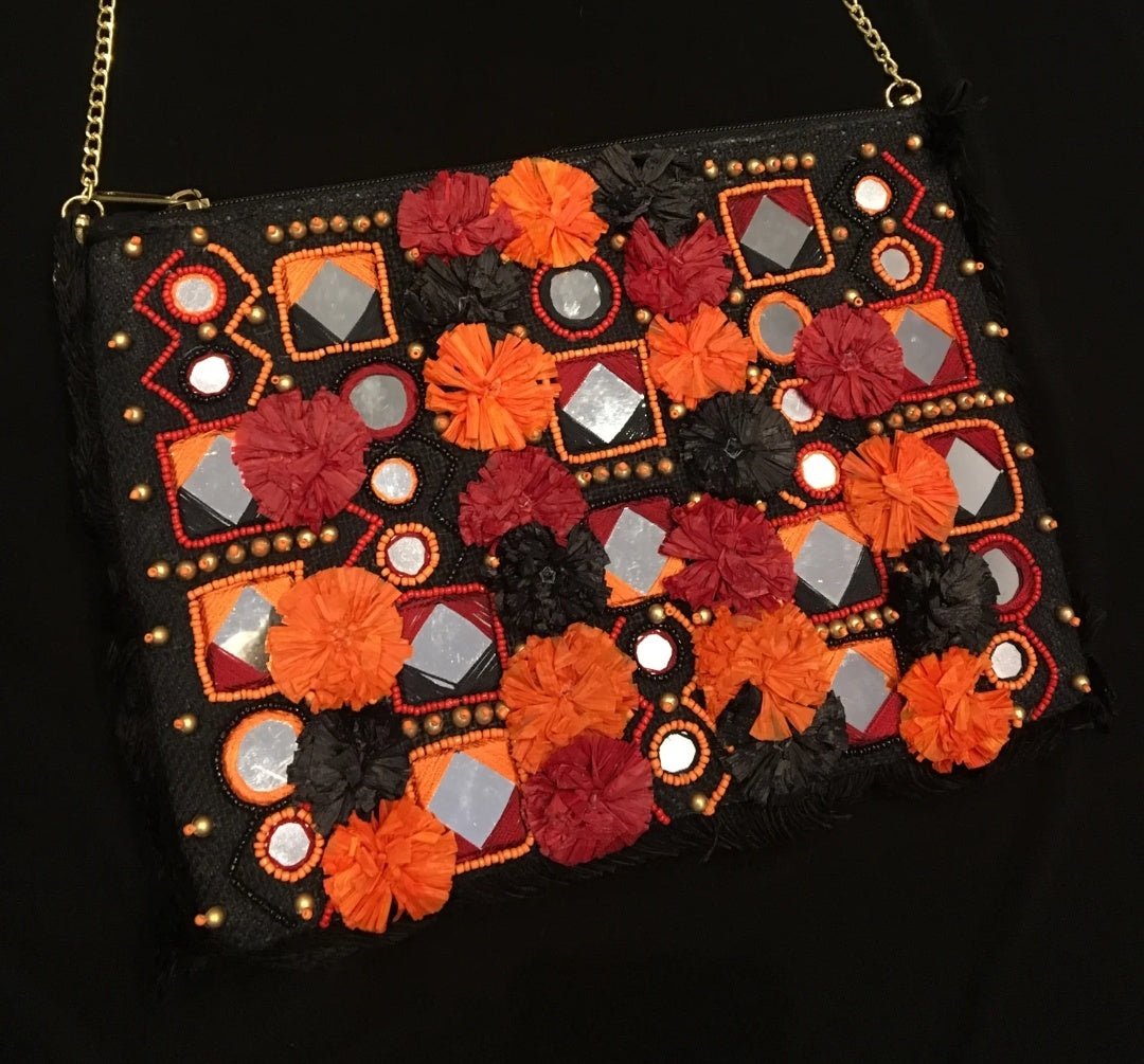Ranchi Black Marigold Jute Clutch Boho Bag