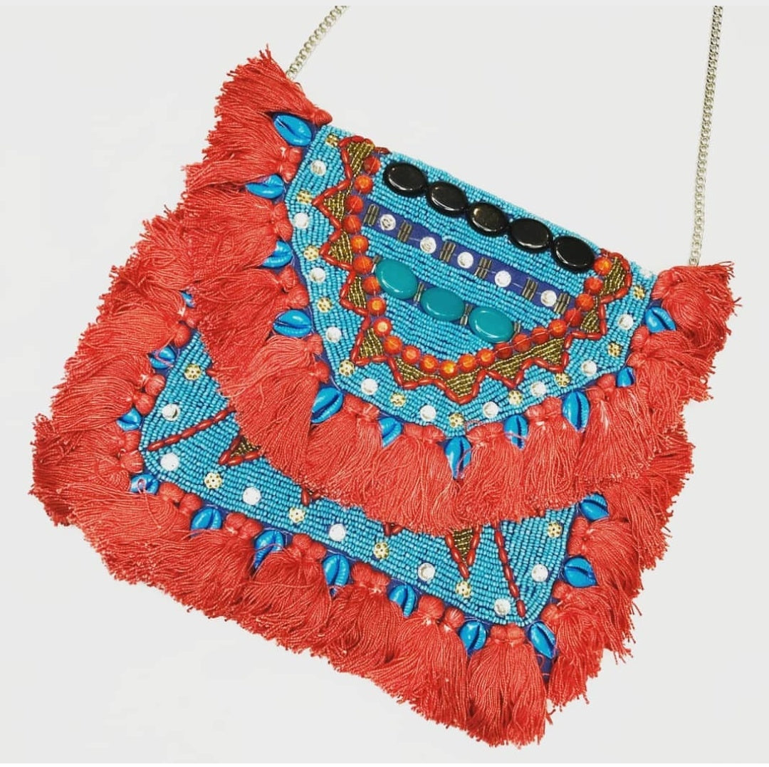 Small Red Turquoise Tassle Canvas Boho Bag
