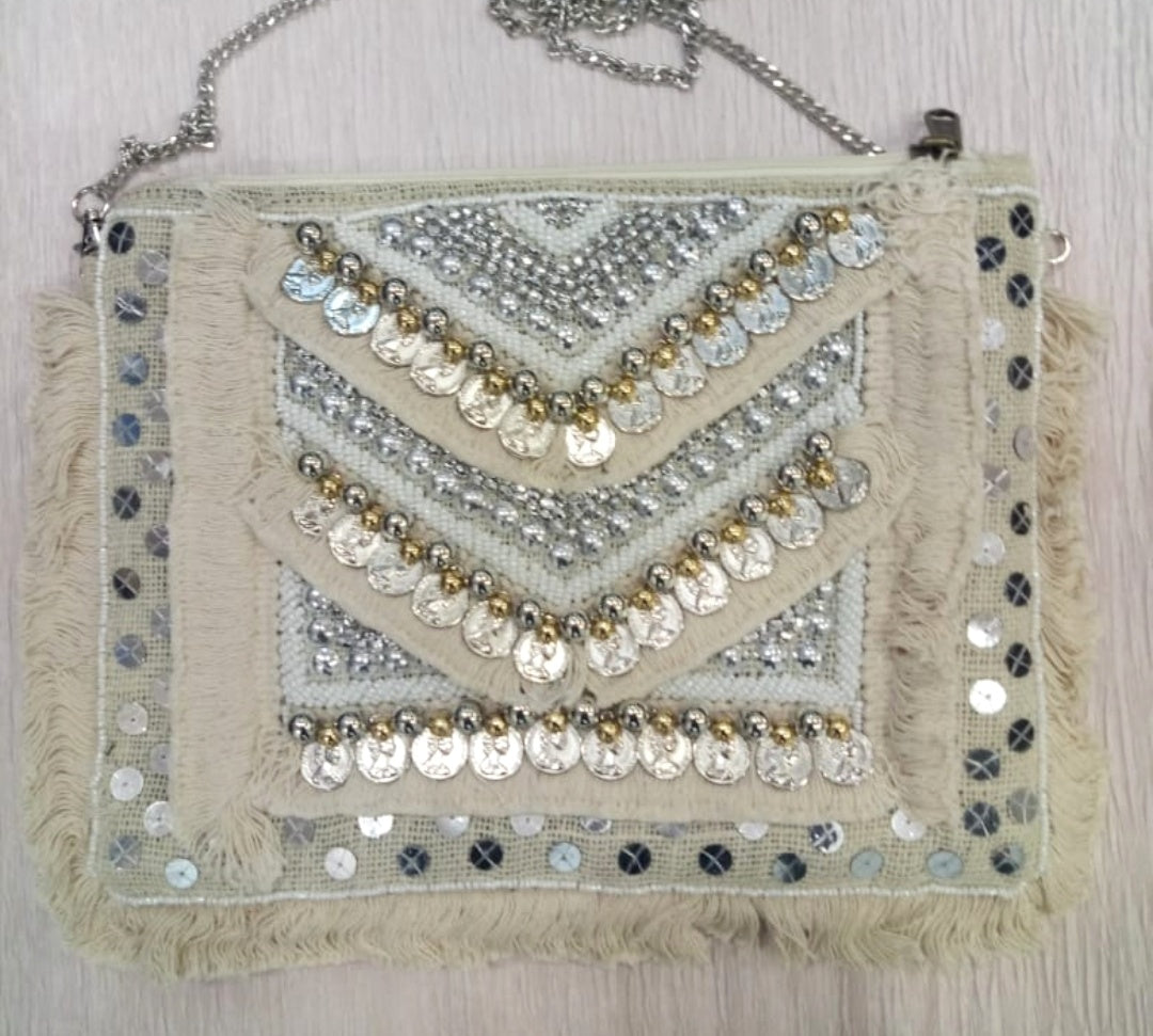 Sparkling White Amber - Coin Work Boho Bag