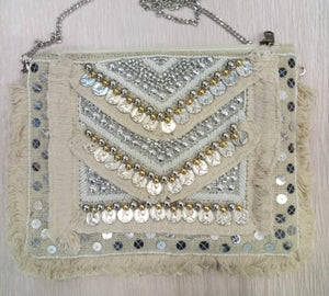 Sparkling White Amber - Coin Work Boho Bag