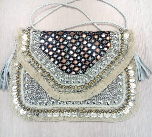 Anavrin Mirror Work White Jute Coin Clutch