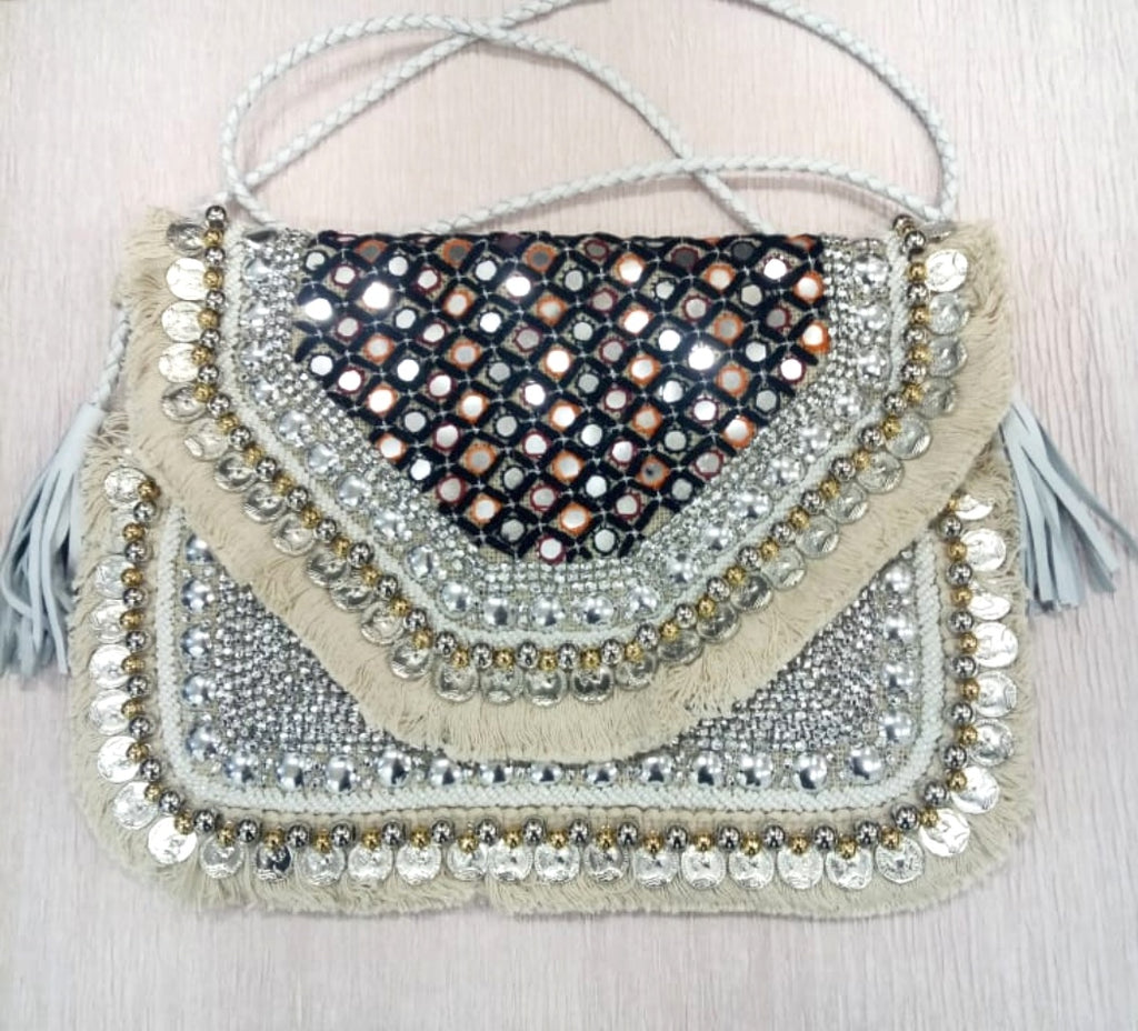 Anavrin Mirror Work White Jute Coin Clutch