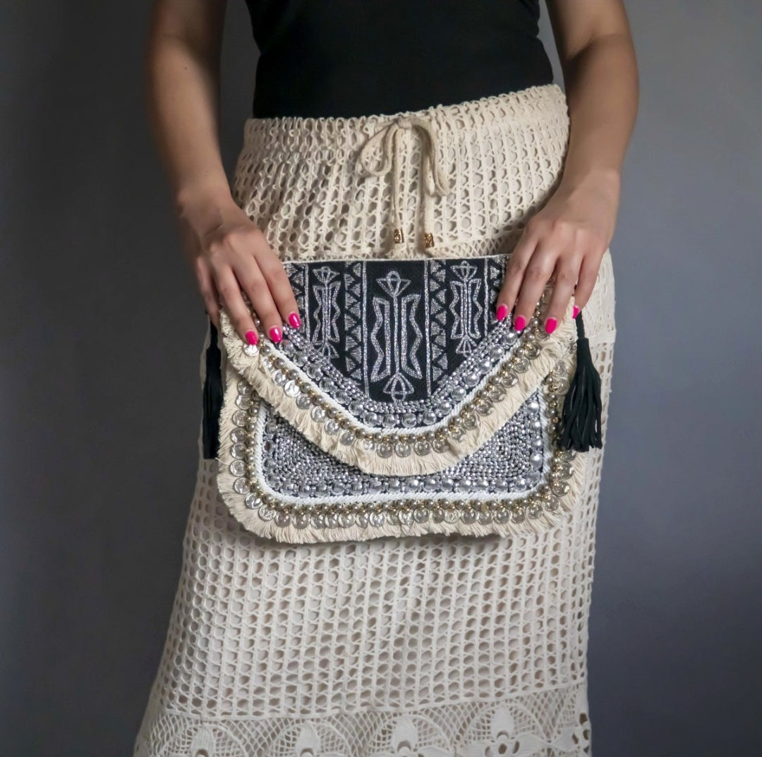Alicante Black Embroidered Jute Coin Clutch